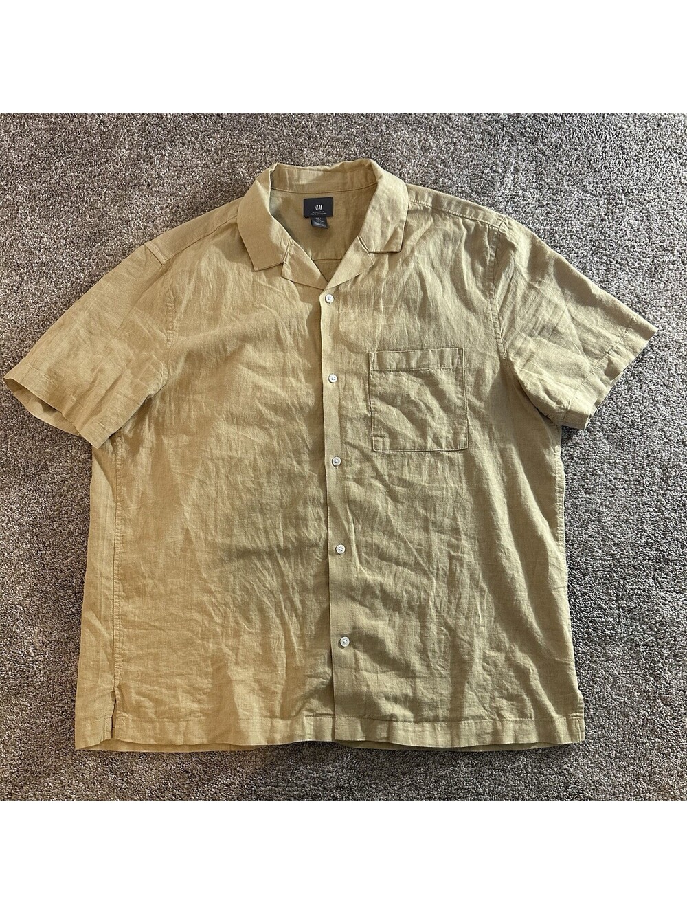 H&M Tan Linen Short Sleeve Button Sown Shirt Men's Large Luxury Summer Resort
